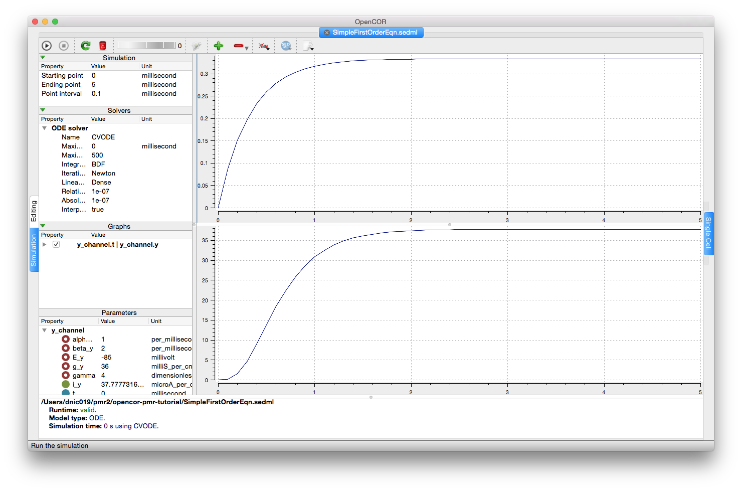 Screenshot illustrating the results of executing this first order equation simulation experiment in OpenCOR.