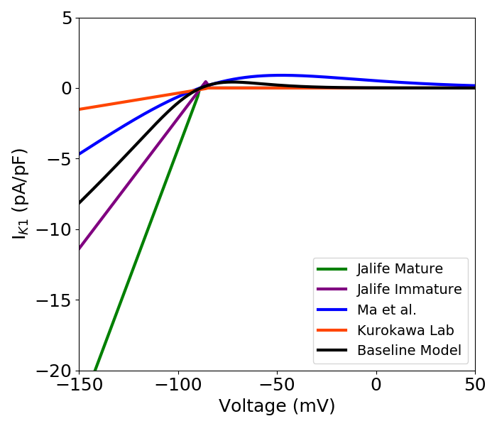 I-V curve with dataset-specific model fits. Different colour represent experimental iPSC-CM data from multiple laboratories